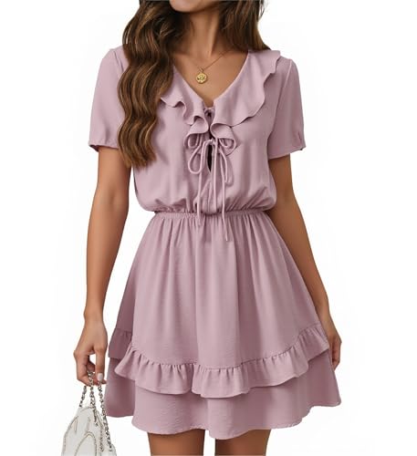 Image of Angashion Womens Tie Front Mini Dress V-Neck Ruffle Hem Summer Pockets