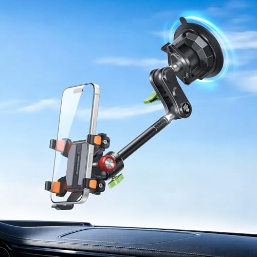 MAGIC JOHN Car Phone Holder Ultra-Durable All Metal Phone Holders for Your Car Car Mount with Enhanced Suction Cup 360 Rotation Windshield Phone Holder for iPhone Samsung