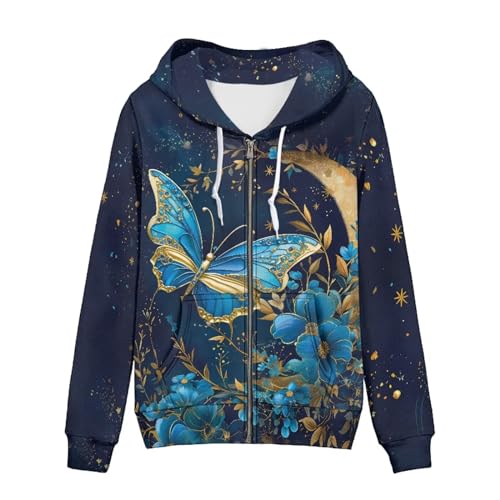 Showudesigns Blue Butterfly Zip Up Jackets for Women Oversized 4XL Teen Girls Hoodies & Sweatshirts Yoga Clothing Fall Pullover Spring Tops Outfits Y2K Cardigans Moon Night Galaxy