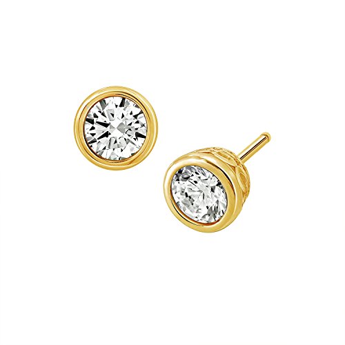 Amazon Essentials Platinum or Gold Plated Sterling Silver Bezel Set Stud Earrings made with Infinite Elements Zirconia (previously Amazon Collection)