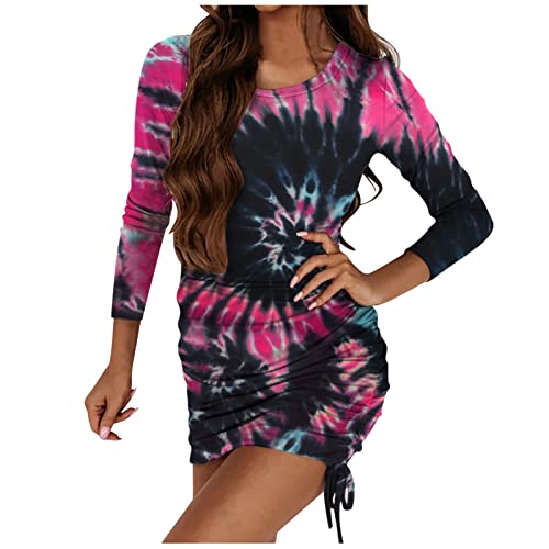 Long Sleeve Bodycon Dress for Women Lace Crewneck Pullover Knit Mini Dresses Casual Slim Tie-dye Y7k Shirts Blouses Hot Pink