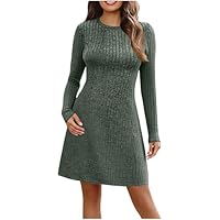 Fall Dresses for Women 2025 Fashion Short Dress Ribbed Knit Dress Flowy a Line Dress Long Sleeve Sweater Dress Army Green