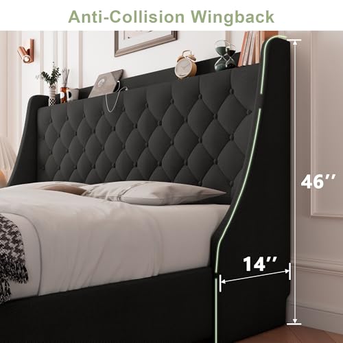 Image of Feonase Upholstered King Size Bed Frame with 4 Storage Drawers, Large Wingback Headboard, No Box Spring Needed, Black