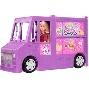 Barbie Mobilier Food Truck pour poupées, véhicule violet transformable avec plus de 25 accessoires, jouet pour enfant, GMW07 41sTwLTl91L. SS300