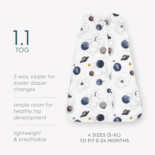 Image of Little Unicorn 6-12 Month Premium Muslin Sleep Sack 1.1 TOG | Soft & Breathable Muslin Cotton for safer sleep | 2 way zipper (Planetary)