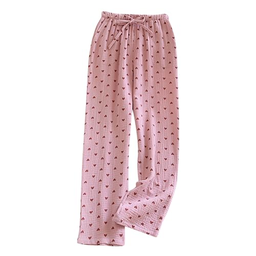 Women's Pajamas Pants Fashion Floral Cotton Lightweight Wide Leg Pants Spring Summer Loose Lounge Home Pjs Trousers Pink-M