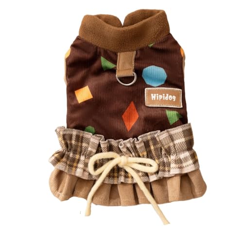 AttRex 犬服 ドレス スカート 秋冬 お姫様 洋服 可愛い ペット服 ワンピース 裏起毛 小中型犬 ドッグウェア Dカン付き 袖なし 人気 ファッション 記念撮影 お正月 クリスマス 寒さ対策 (M,ブラウン)