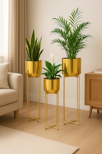 Image of Gold Metal Planters Set of 3 with Stands, 16 /19 /24.5 Inch Tall Decorative Indoor Plant Pots for Living Room, Balcony & Office