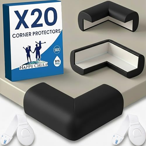 HAPPY CHLEA® 20 x Protector Esquinas Bebe de Goma con Tecnología de Espuma Activa, Protectores para Niños y 2 x Cierre Seguridad Cajónes Bebe, Esquineras para Cama, Mesa, Muebles, Esquinas (Negro)
