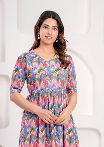 Image of Women's Feeding Kurta Cotton | Floral Anarkali Pregnancy Kurta with Nursing Zipper | Pre & Post Partum | Maternity Dresses | Mom to Be Gift