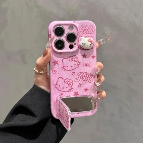 【Runnut】iPhone 16e ケース 6.1インチ 対応 可愛い おしゃれ 韓国風 ハローキティ ピンク TPU 鏡スタンド機能付き カメラレンズ保護 ストラップホール付き スマホケース あいふぉん16e カバー 薄型 耐衝撃 (iPhone 16e)