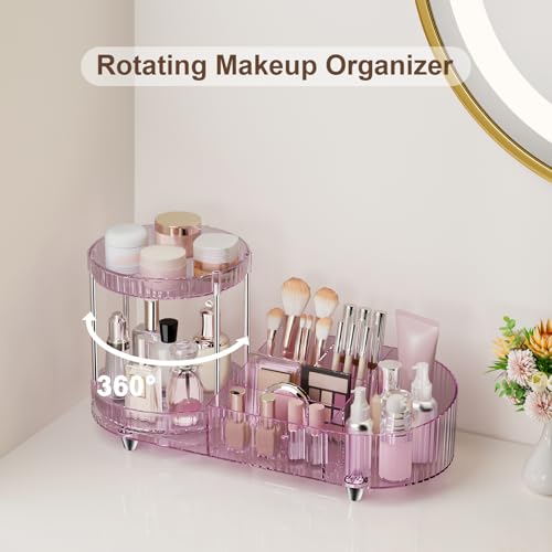 Image of 360 Rotating Vanity Makeup Organizer, 2 Small Trays & 5 Compartments for Cosmetics, Skincare, Perfume, Lipstick & Make up Brushes Holder, Dresser Countertop Organizers and Storage for Bathroom, Desk