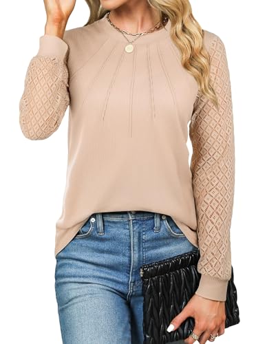 Cuptacc Langarmshirt Damen Rundhals Top Spitzen Ärmel Tshirt Casual...