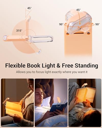Image of DEWENWILS USB Rechargeable Book Light, LED Clip on Reading Lights for Books in Bed at Night, Portable Bookmark Lamps, 4 Brightness Adjustable, Perfect for Bookworms, Kids (Peach Fuzz)