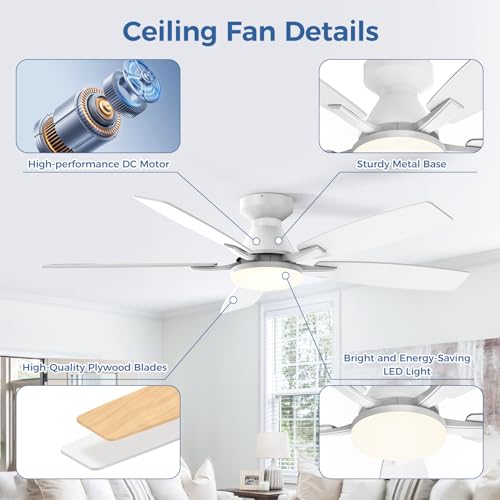 FancyMay 42 Inch Ceiling Fans with Lights, Remote & App Control, Quiet Reversible DC Motor, 6 Speeds, Dimmable 3CCT LED Light, Low Profile Flush Mount Ceiling Fan for Bedroom Living Room, White by FancyMay - Used condition - Image 8