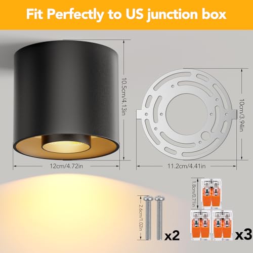 Image of 3-Color&Watt Zoomable Ceiling Spotlight Fixtures, Flush Mount Ceiling Light Fixture Dimmable LED Spot Lights Indoor, 4.72 inch Cylinder Light for Hallway Kitchen Entryway Foyer, 30W Black