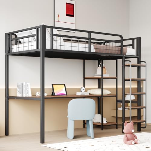Merax Hochbett aus Metall, 90 x 200 cm, multifunktionales Hochbett mit Schreibtisch und Regalen, Schwarz (ohne Matratze) Merax Hochbett aus Metall, 90 x 200 cm, multifunktionales Hochbett mit Schreibtisch und Regalen, Schwarz (ohne Matratze)