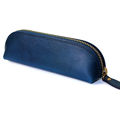 ペンケース 本革 15本 チャック 柔らかい革 縫製 スリム 筆箱 軽い 栃木レザー 大容量 おしゃれ 三角 文房具 かわいい 出し入れし易い 贈り物 (Blue)