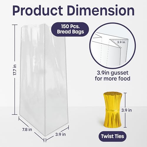 Clear Plastic Bread Bag - Pack of 150 Bread Bags for Homemade Loaf, Baking Buns, Baguette - 45cm x 20cm x 10cm Bread Bags for Daily Use - Bread Storage Bags