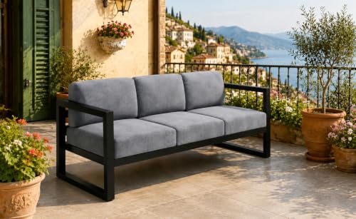 Image of Modern 3-Seater Outdoor Sofa with Black Metal Frame & Grey Cushions Set Upon a Sturdy Black Metal Geometric Base Frame.