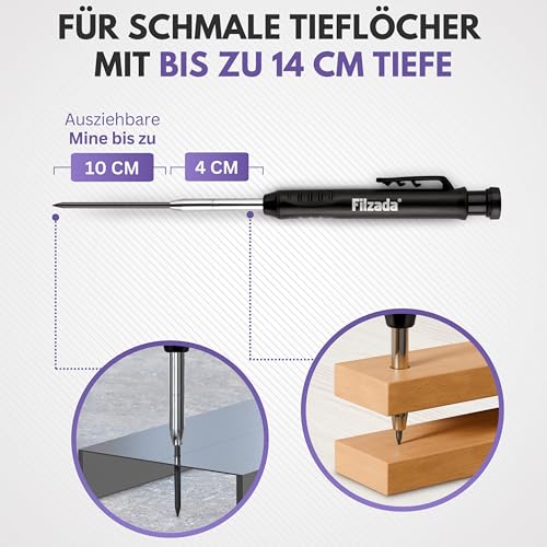 Filzada® 1x Tieflochmarker mit 6 Extraminen - in 3 Farben- Zimmermannsbleistifte mit Köcher/Kappe - Bohrlochmarker - Bleistift Baustelle - Markierstift - Tieflochmarker Bleistift - Markierstifte