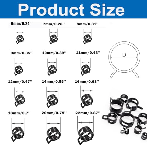 Image of Tnisesm 140 Pcs 12Values 6-22mm Spring Hose Clamp Assortment Kits Silicone Vacuum Hose Action Low Pressure Air Clip Clamp Hoses Clamps sleeving(Black)
