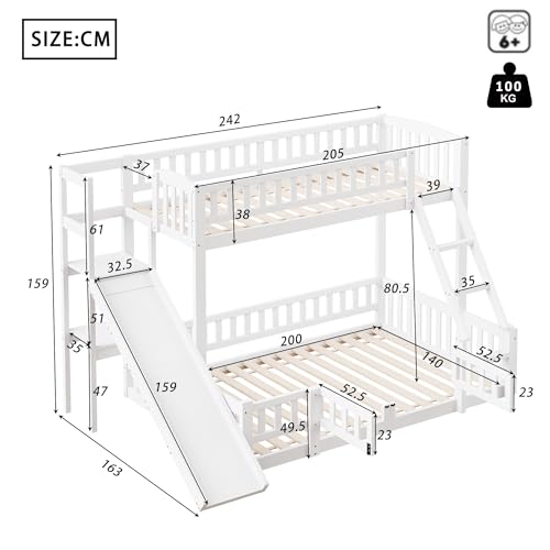 NovaFurnish Litera 90x200 y 140x200, barandilla, madera de pino, tobogán, escalones, En747, estantes, puerta extensible, sin colchón, blanco (140x200) - imagen 2