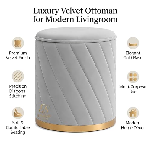 Image of Luxury Round Velvet Ottoman Stool with Gold Base - Modern Upholstered Footrest Pouffe, Tufted Vanity Seat, Living Room Bedroom Dressing Stool (Grey)