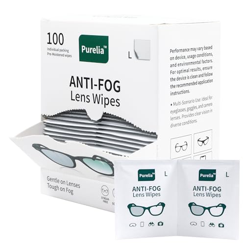 Purelia Anti-Fog Lens Wipes (12x12cm) – Larger Size, 100-Count, Individually Wrapped, Pre-Moistened Cleaning Sheets for Glasses, Goggles & Screens, No-Residue, Streak-Free Fog Prevention