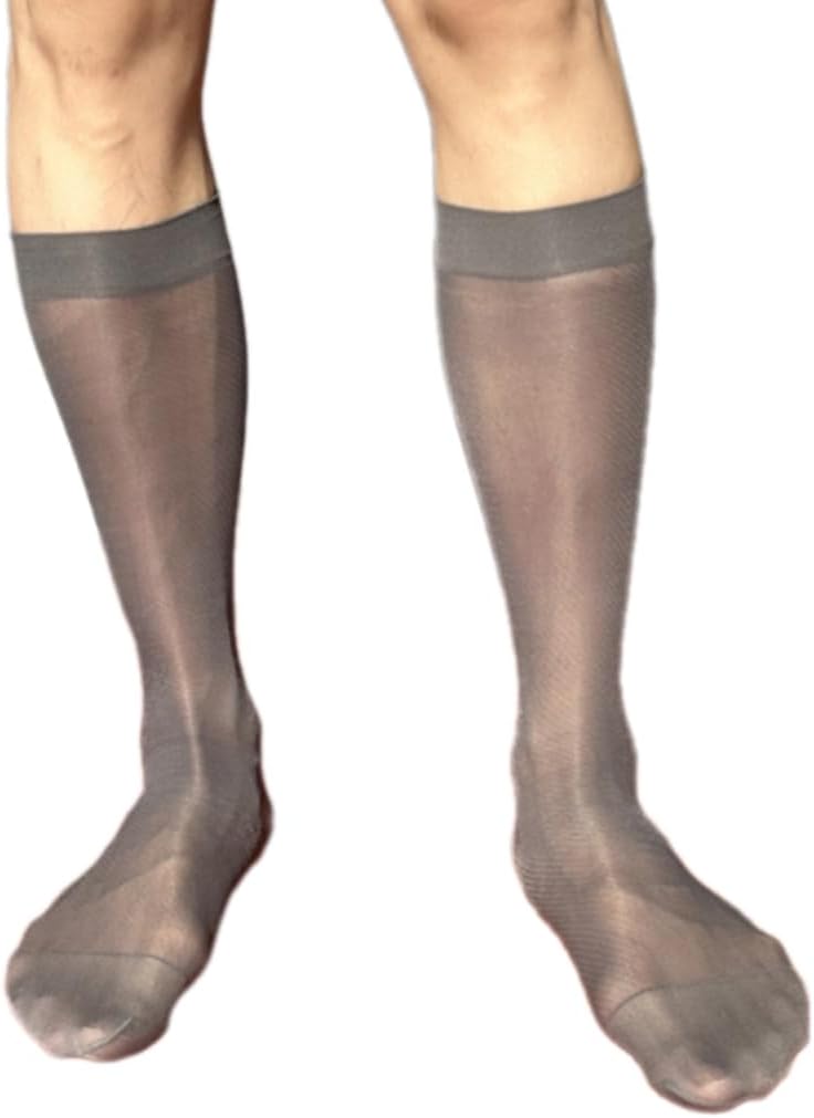 Men's Middle Calf Business Socks with Twill Pattern See Through Thin Nylon Dress Socks Stockings for Formal