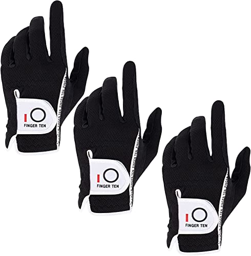 FINGER TEN Men’s Golf Glove Rain Grip Black Grey Color 3 Pack, Durable Fit Hot Wet All Weather, Left Hand Set Size Small Medium Large XL (Black, Medium-Worn on Left Hand)