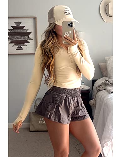 Apafes Women Cropped Black Workout Half Zip Jackets Lightweight Stretchy Athletic Gym Pullover Tops Sportwear(678-Beige-S) #TOP1