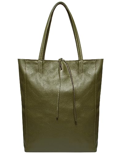 Image of Genuine Italian Leather Tote Bag for Women, Large Slouchy Purse, Olive | Unstructured bag, raw unlined interior with zip pocket, top zipper, side ties, folds flat, fits a 16-inch laptop, lightweight
