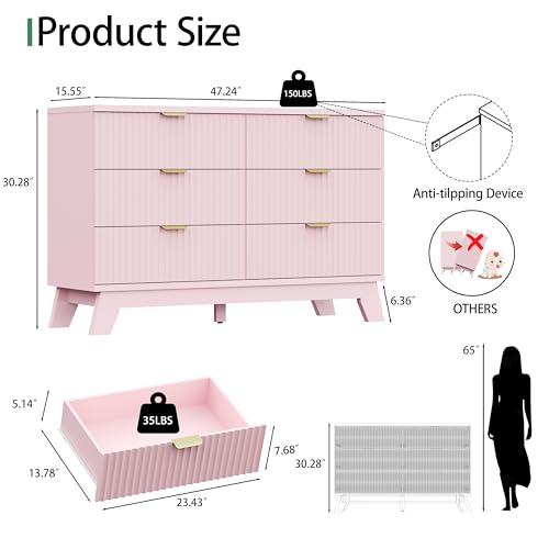 Image of Fluted Dresser for Bedroom with 6 Drawers, 48 inch Wide Modern Chest of Drawers with Metal Handle, Wooden Dresser TV Stand, Wood Closet Clothes Storage Drawer Organizer for Living Room, Hallway, Pink