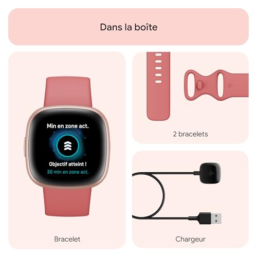 Google Fitbit Versa 4 Montre connectée sport avec GPS intégré et jusqu’à 6 jours d’autonomie de batterie - compatible avec Android et iOS, Sable rose/aluminium rose cuivré