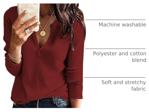 Image of Famulily Womens Long Sleeve Tshirt V Neck Loose Fit Soft Waffle Knit Thermal Tops