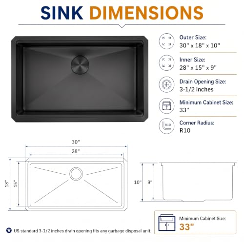 Image of LQS 30 Inch Kitchen Sink, Black Undermount Kitchen Sink, Large Deep Black Workstation Single Bowl Sinks, 16 Gauage T304 Stainless Steel Material, Smart Workstation Ledge With Pratical Accessories