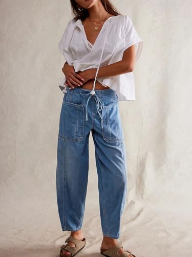 CHARTOU Women's Trendy Mid Rise Barrel Jeans Drawstring Boyfriend Denim Pants Harem Y2K Jeans with Pockets3