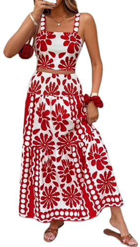 Ensemble deux pièces femme fleuri avec top sans manches crop et jupe longue