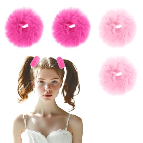 JJUNW 2 gomas para el pelo de color rosa intenso, coleteros de pelo con pompones esponjosos, soportes para coleta de caballo para niñas y mujeres (2 unidades)