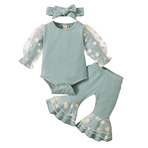 Image of VOLUOVO Newborn Infant Baby Girl Clothes Daisy Mesh Patchwork Lace Puff Sleeve Romper Top Flared Pants Headband Outfit Set(RomperGreen/80)