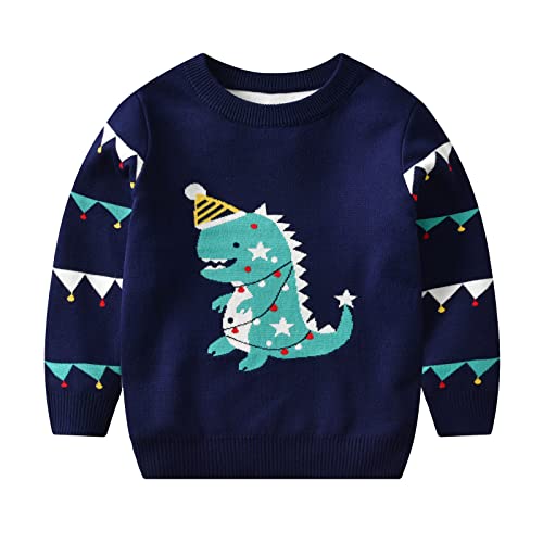 Toddler Boys Girls Knitted Sweater Kids Baby Dinosaur Pullover Crew Neck Long Sleeve Blouse (Dark Blue, 3-4 Years) j1183r