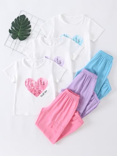 Image of Girls 6 Piece Outfits Casual Cargo Jogger Pants and Basic Love Graphic Print Short Sleeve Top Set 4-12 Years
