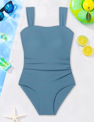 Image of CRISONE Girl Swimsuit One Piece Bathing Suit for Girls Retro Square Neck Adjustable Straps Girls' Swimwear 9-16Y