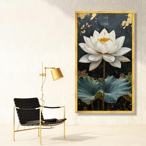Tableau abstrait de lotus blanc pour habiller un mur vide avec un art floral doré - 2