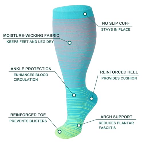 3 Pairs Wide Calf Compression Socks for Women Men 20-30 mmHg Plus Size Knee High Compression Stockings for Travel Sports