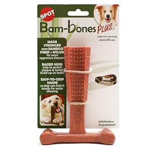   SPOT-Bam-bones-PLUS-T-Bone-Bamboo-Fiber-Nylon-Durable-Long-Lasting-Dog-Chew-for-Aggressive-Chewers--Great-Toy-for-Adult-Dogs-Teething-Puppies-under-60lbs-Non-Splintering-6in-Beef-Flavor