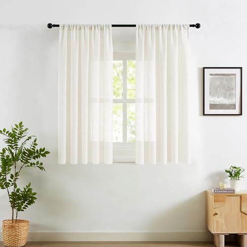 Image of Treatmentex Flax Blend Linen Semi Sheer Curtains 52 x 45 White Light Filtering Privacy Curtains for Small Windows Rod Pocket, 2 Panels