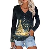 Camisetas de manga larga con cuello en V para mujer, diseño de árbol de Navidad, copo de nieve, camisetas Henley con botones, 2-rosa intenso, 3XL