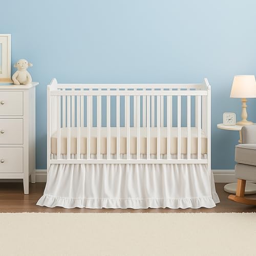 Image of Hahafelt White Crib Skirt for Baby Girls & Boys, 28 inch x 52 inch with 16 inch Drop-100% Washed Cotton Dust Ruffle Bed Skirt, Soft Nursery Bedding, Fits Standard Toddler Cribs, Boho Farmhouse Decor